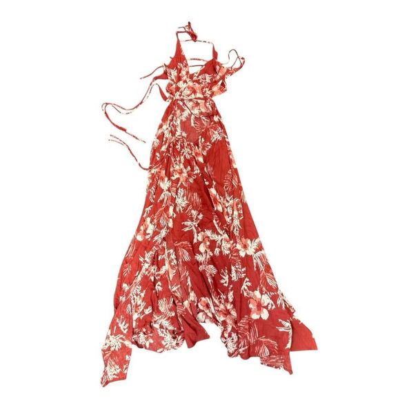 Free People Lille Halter Maxi Dress Raspberry Red Floral Cutout Sz S Cotton - Picture 10 of 15